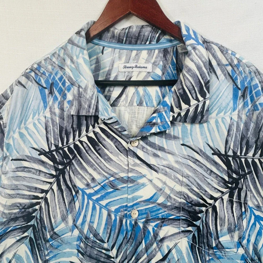 Tommy Bahama Silk Camp Shirt Mens Mens 3XL Blue Tropical Palm Leaf Island Resort